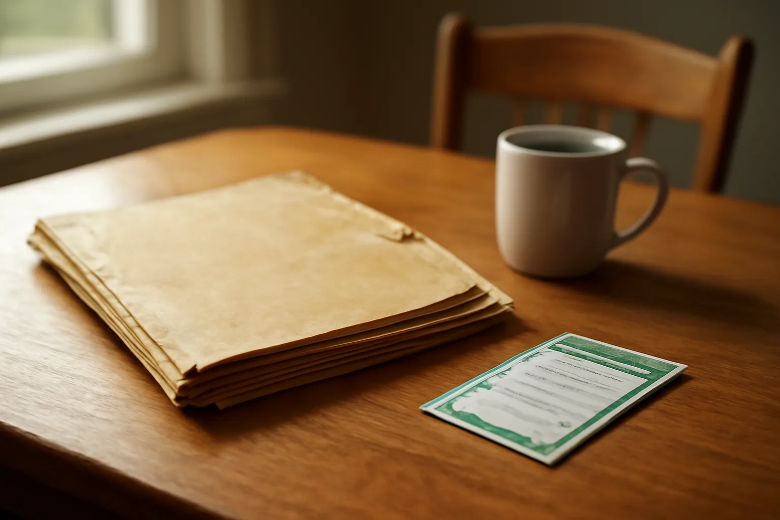 Kitchen table with paperwork and a mailed envelope representing ending a timeshare contract