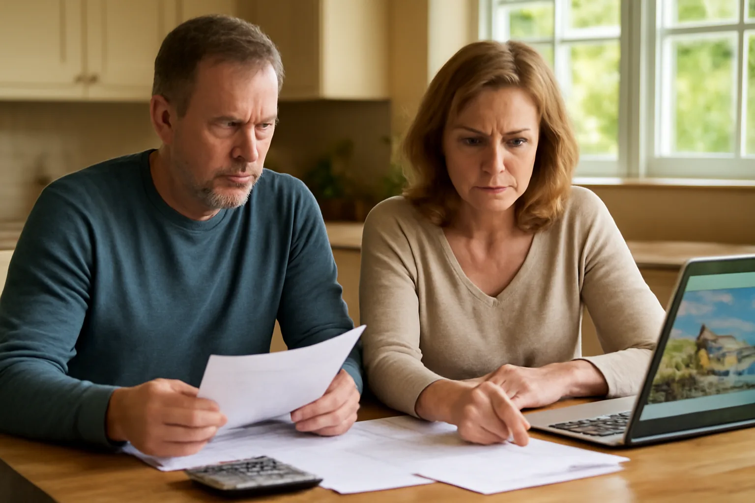 Couple reviewing timeshare documents and costs at home kitchen table