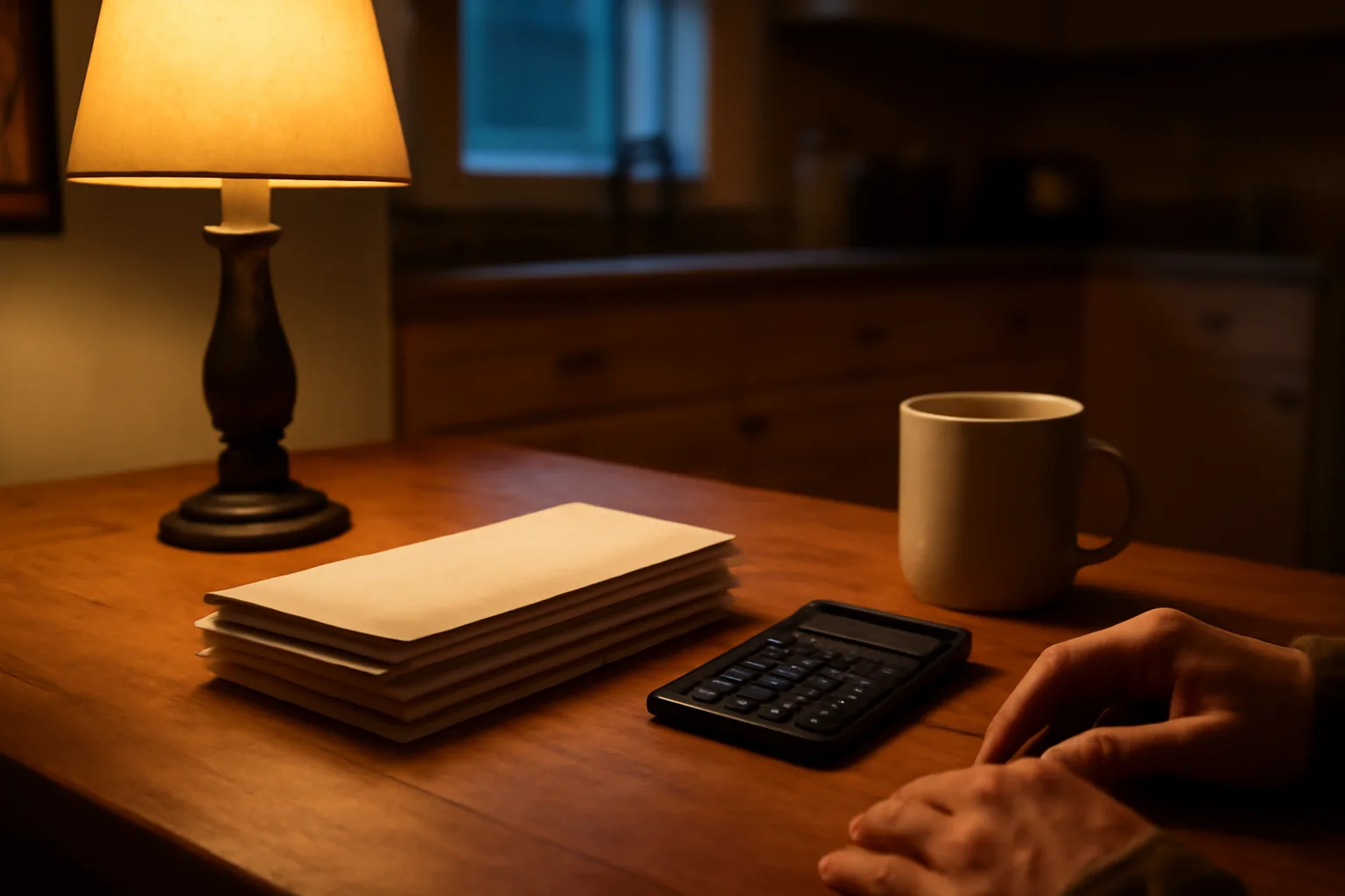 Envelopes and a calculator on a table, evoking timeshare maintenance fee bills