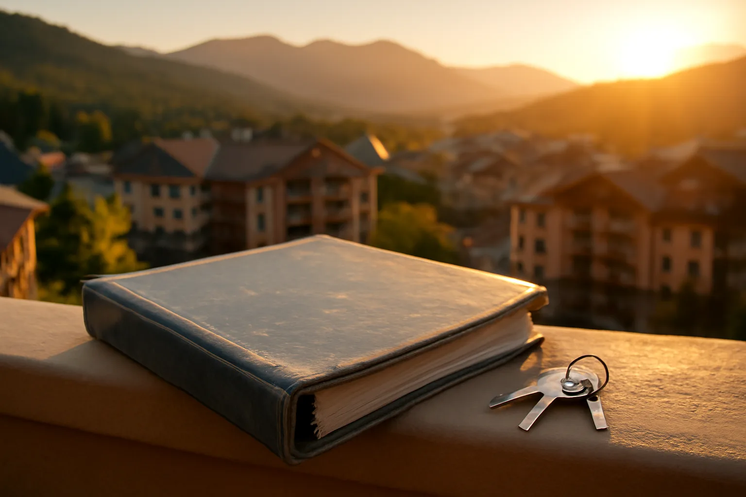 Timeshare contract binder and keys on a resort balcony railing at sunset