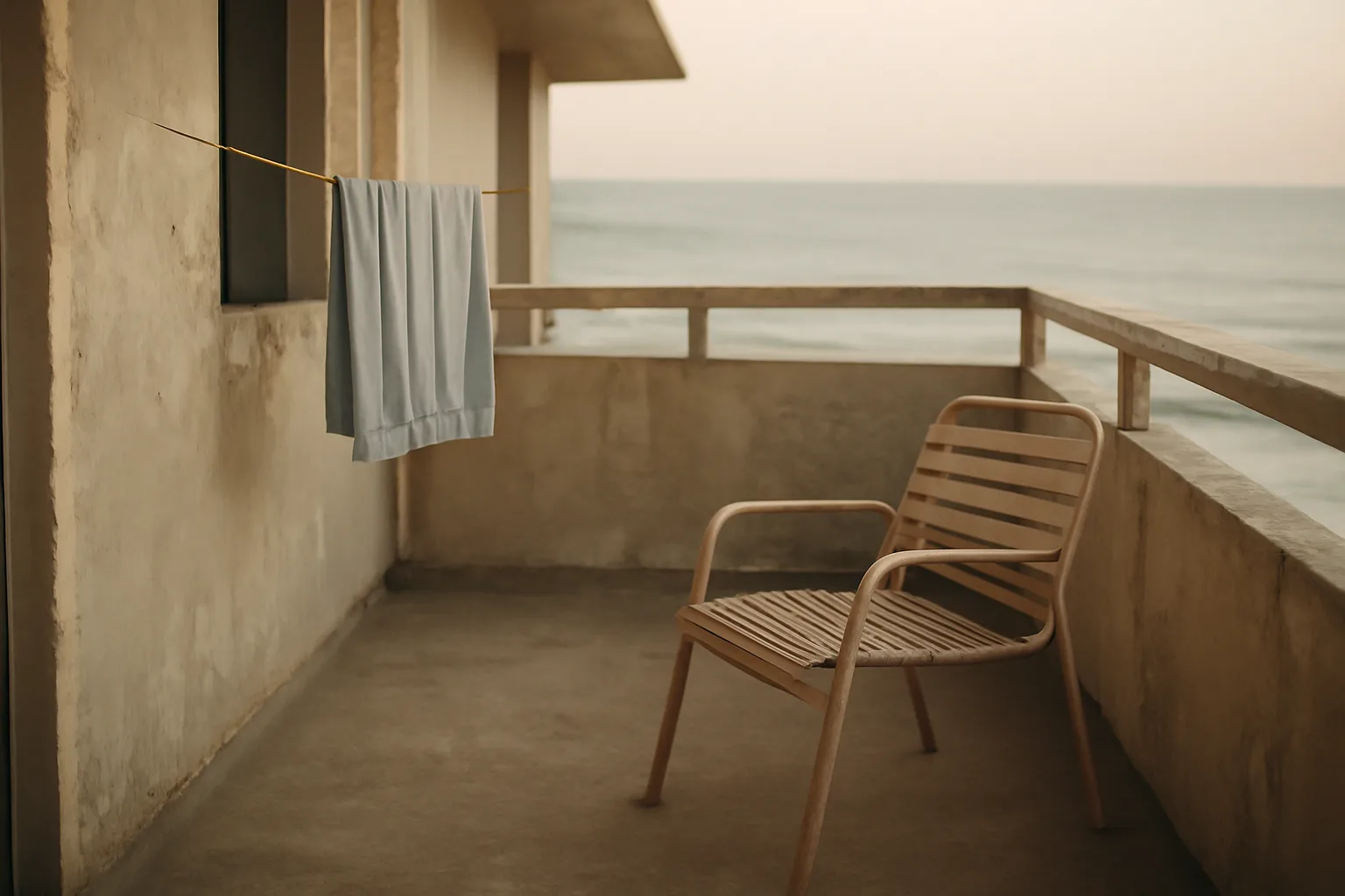 Empty balcony at a coastal timeshare resort in early morning light