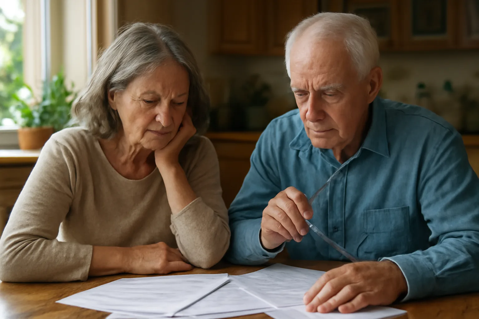 Couple reviewing timeshare contract documents at home table considering exit options