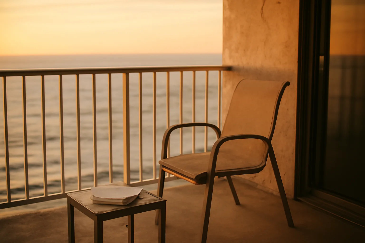 Empty condo balcony at sunset representing the search to get out of timeshare contract obligations