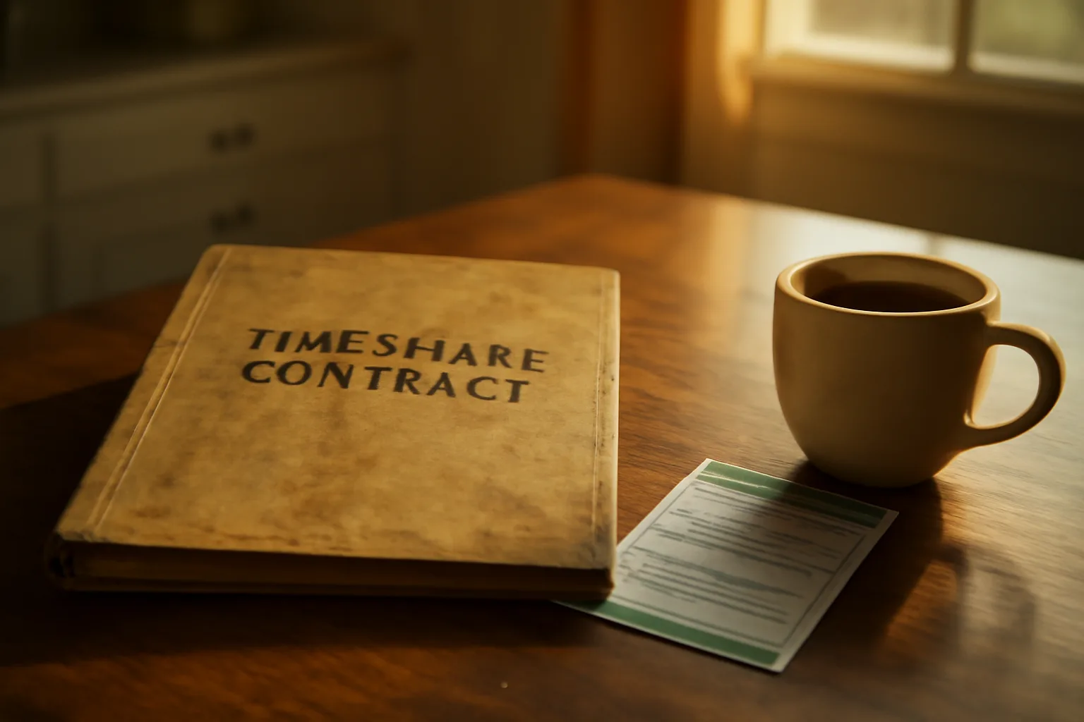 Contract papers and mail receipt on a kitchen table representing getting out of a timeshare agreement