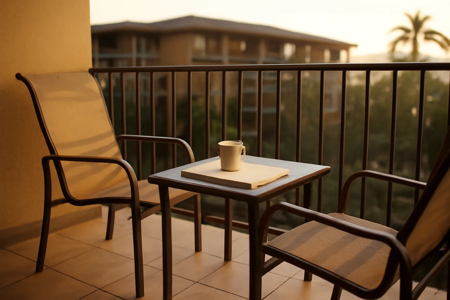 Empty resort balcony with a paperwork folder, symbolizing exiting a Diamond Resorts timeshare