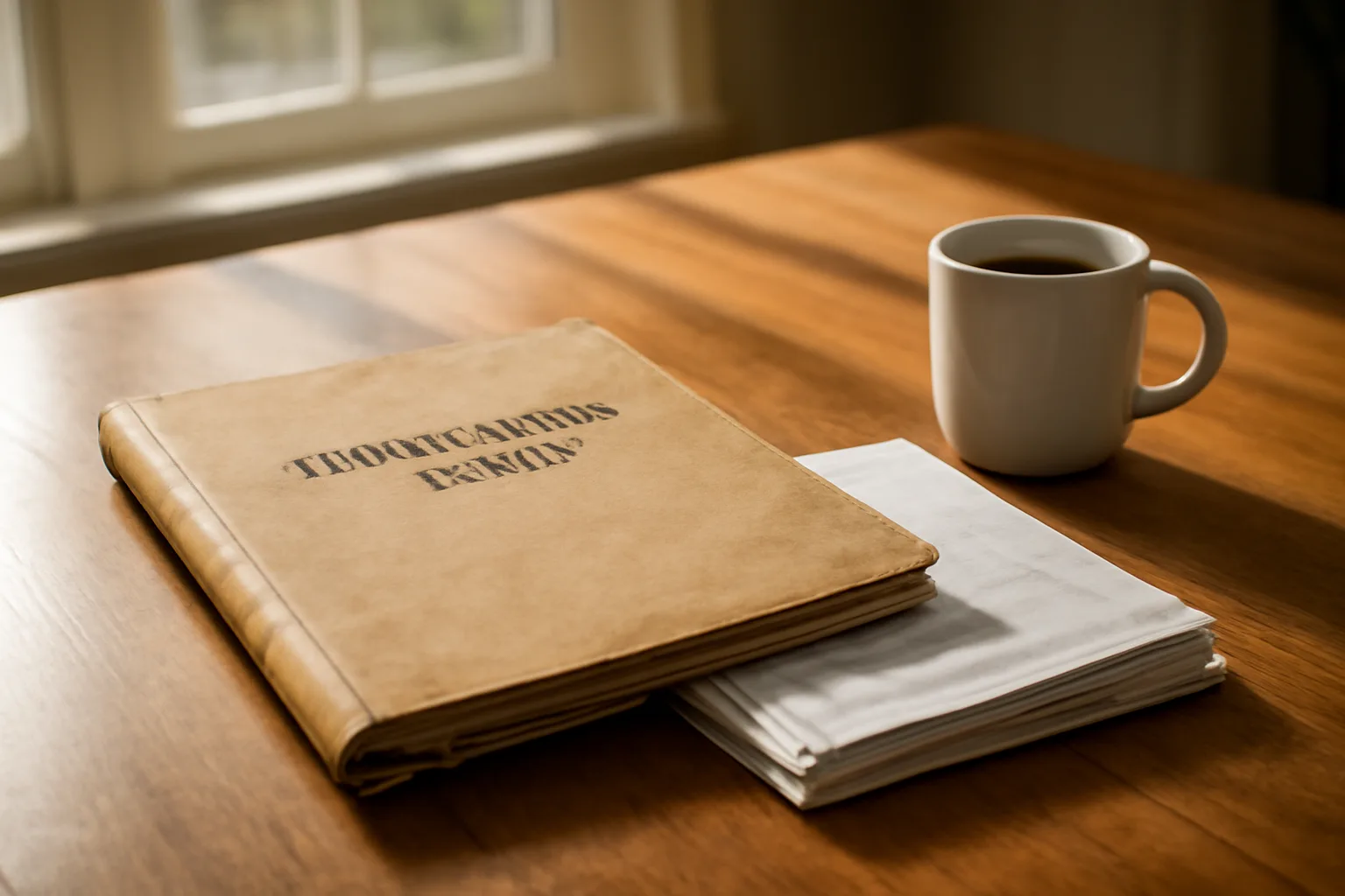 Timeshare paperwork and fee statements on a kitchen table in morning light