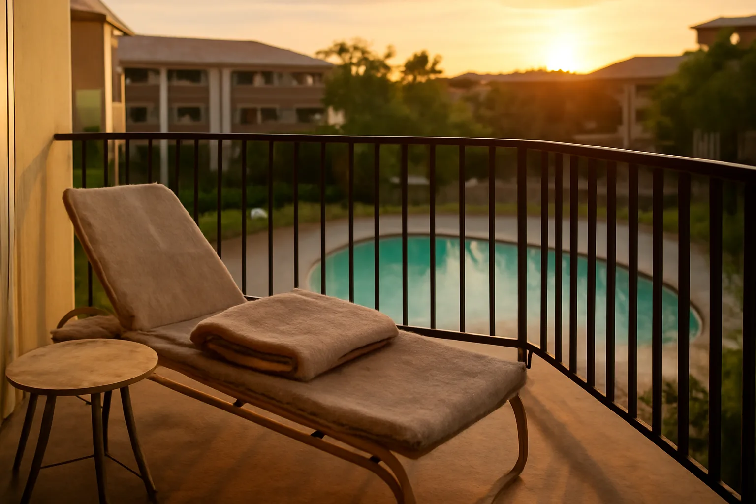 Empty resort balcony at sunset symbolizing the weight of getting rid of a timeshare legally