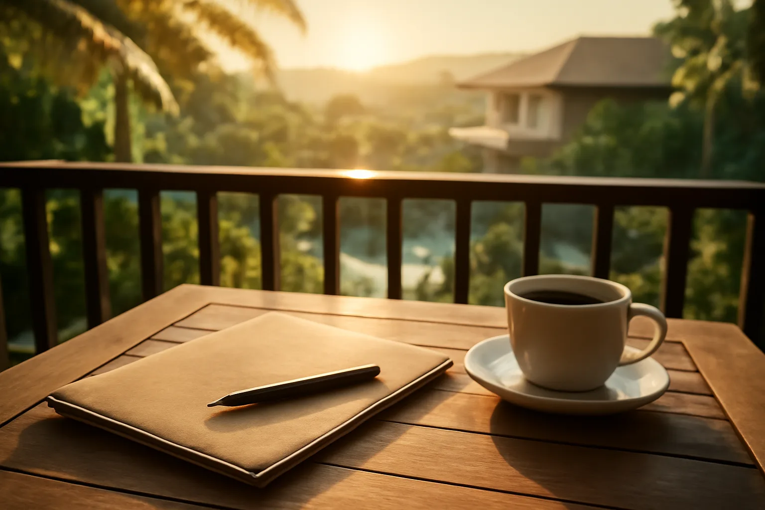 Resort balcony table with paperwork and coffee representing a timeshare cancellation decision