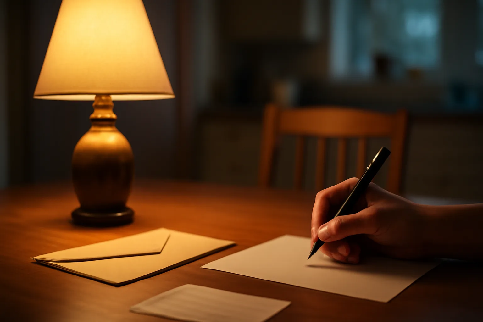Person writing a cancellation letter at a kitchen table with a mail receipt nearby