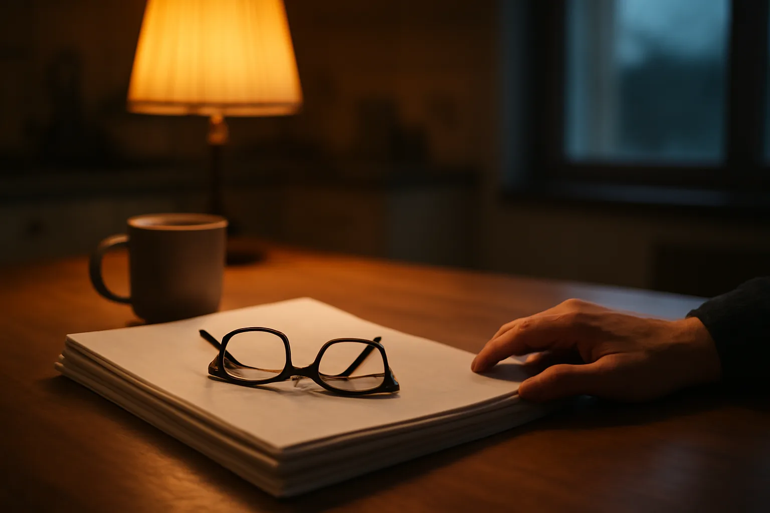 Contract papers and reading glasses on a kitchen table under lamp light