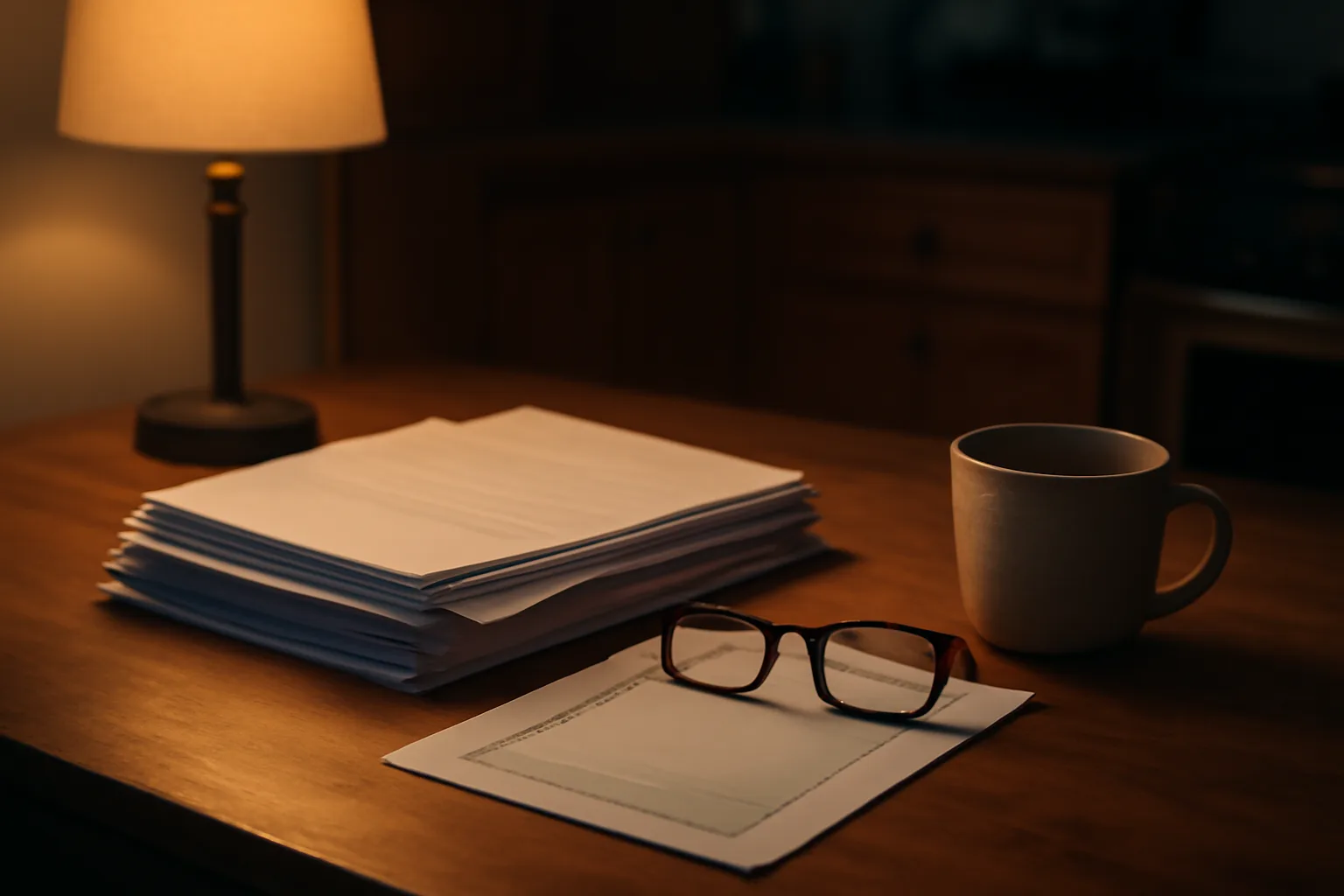 Contract papers and certified mail receipt on a kitchen table at dusk