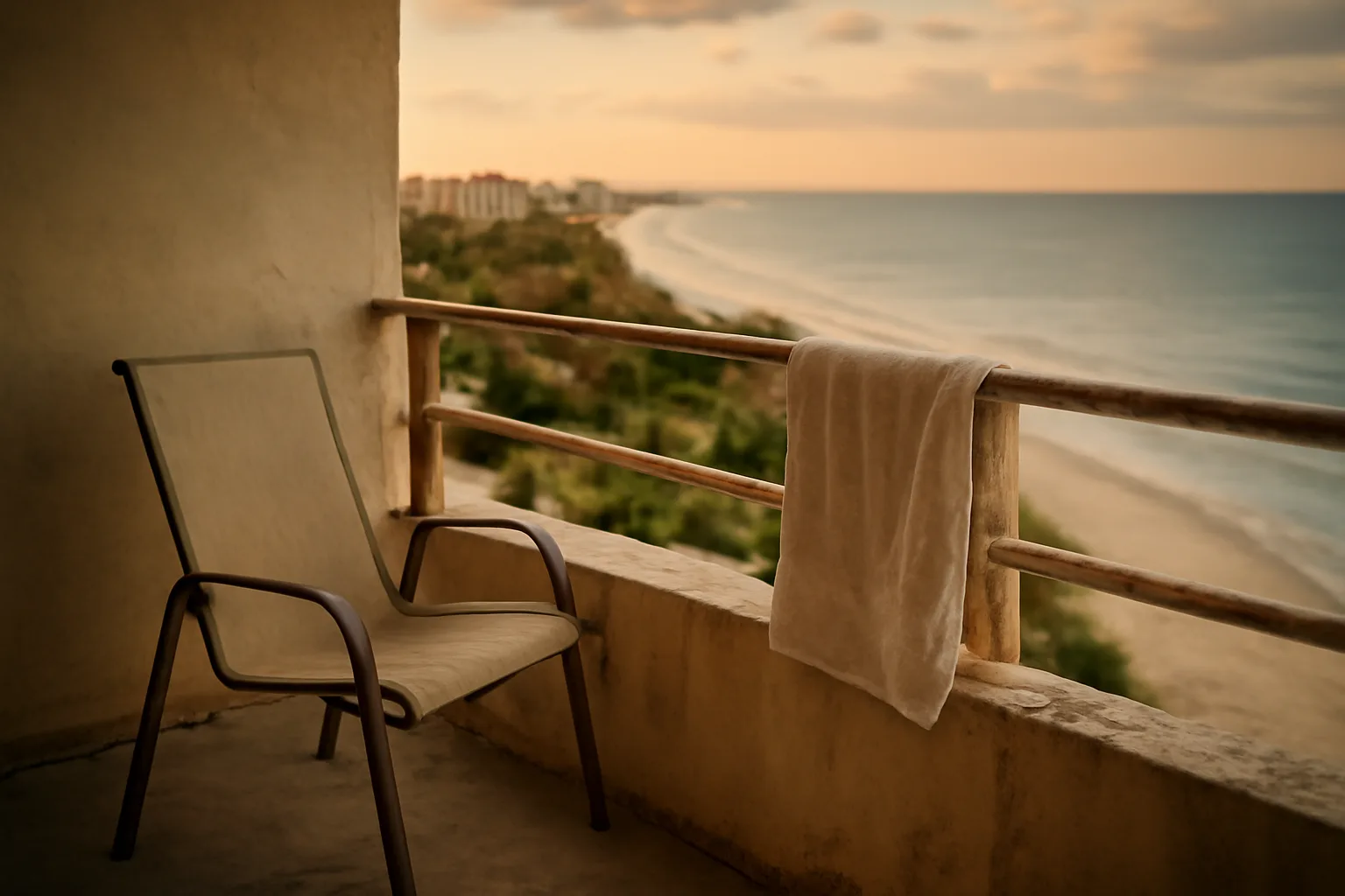 Empty balcony overlooking Florida coastline at dusk, symbolizing timeshare ownership decisions