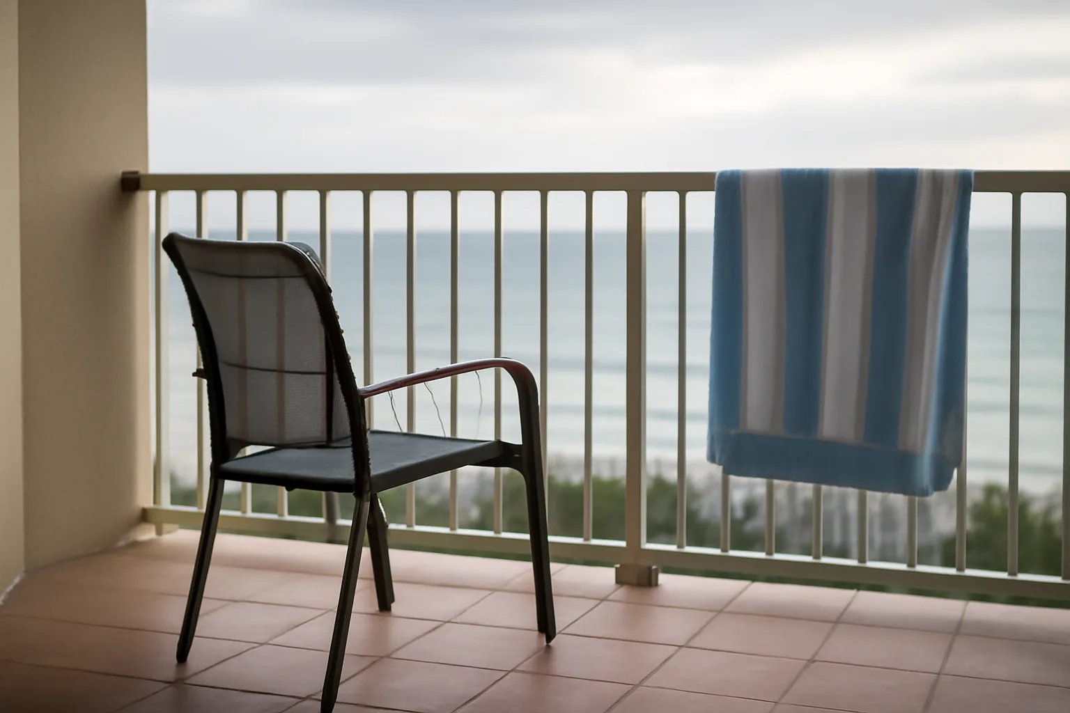 Empty resort balcony overlooking the ocean at dawn, symbolizing a timeshare owner's decision