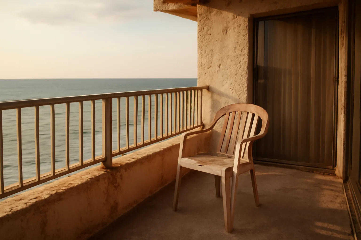 Empty balcony overlooking the ocean at a timeshare resort in late afternoon light