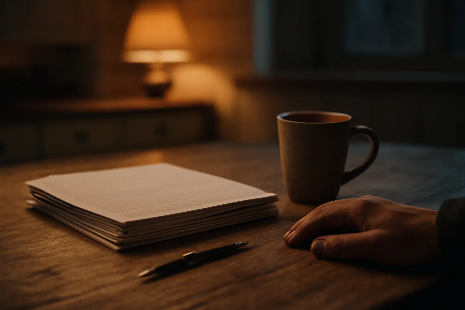Person reviewing timeshare contract paperwork at a kitchen table in the evening