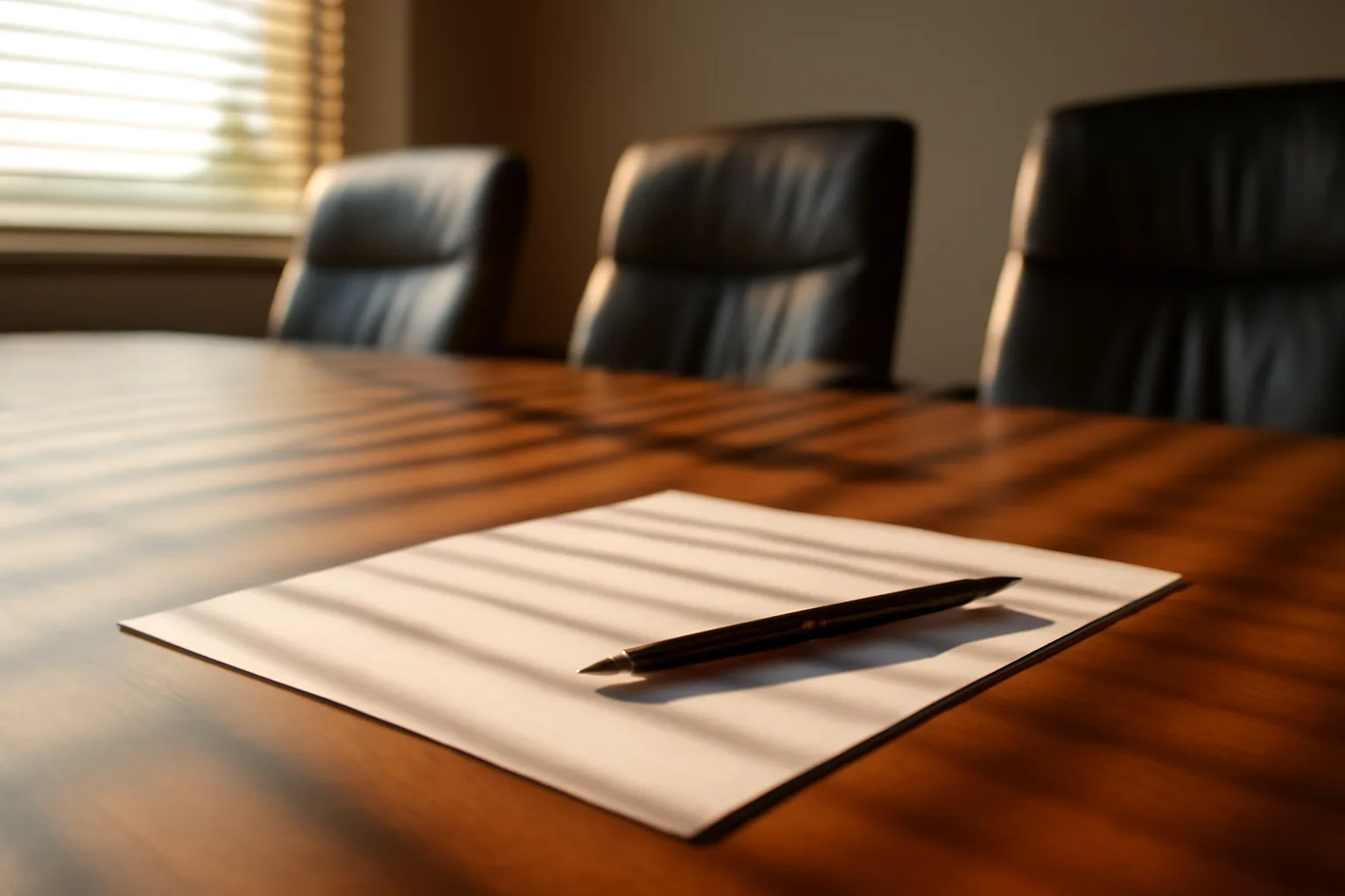 Blank contract and pen on conference table with afternoon light through blinds
