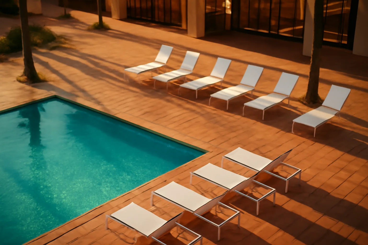 Empty resort pool deck with lounge chairs at sunset, Holiday Inn Club Vacations timeshare cancellation context