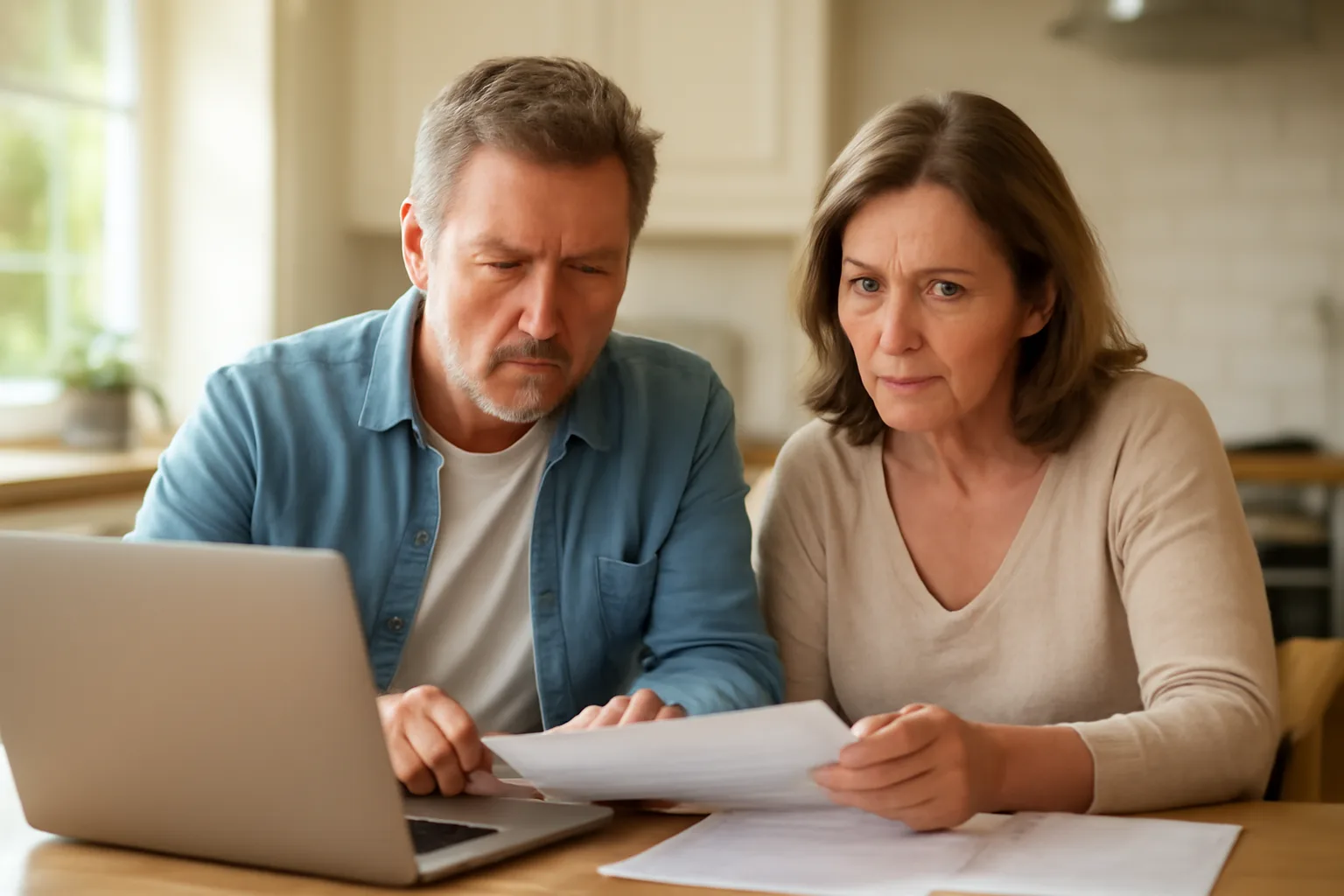 Couple reviewing timeshare contract paperwork at home kitchen table