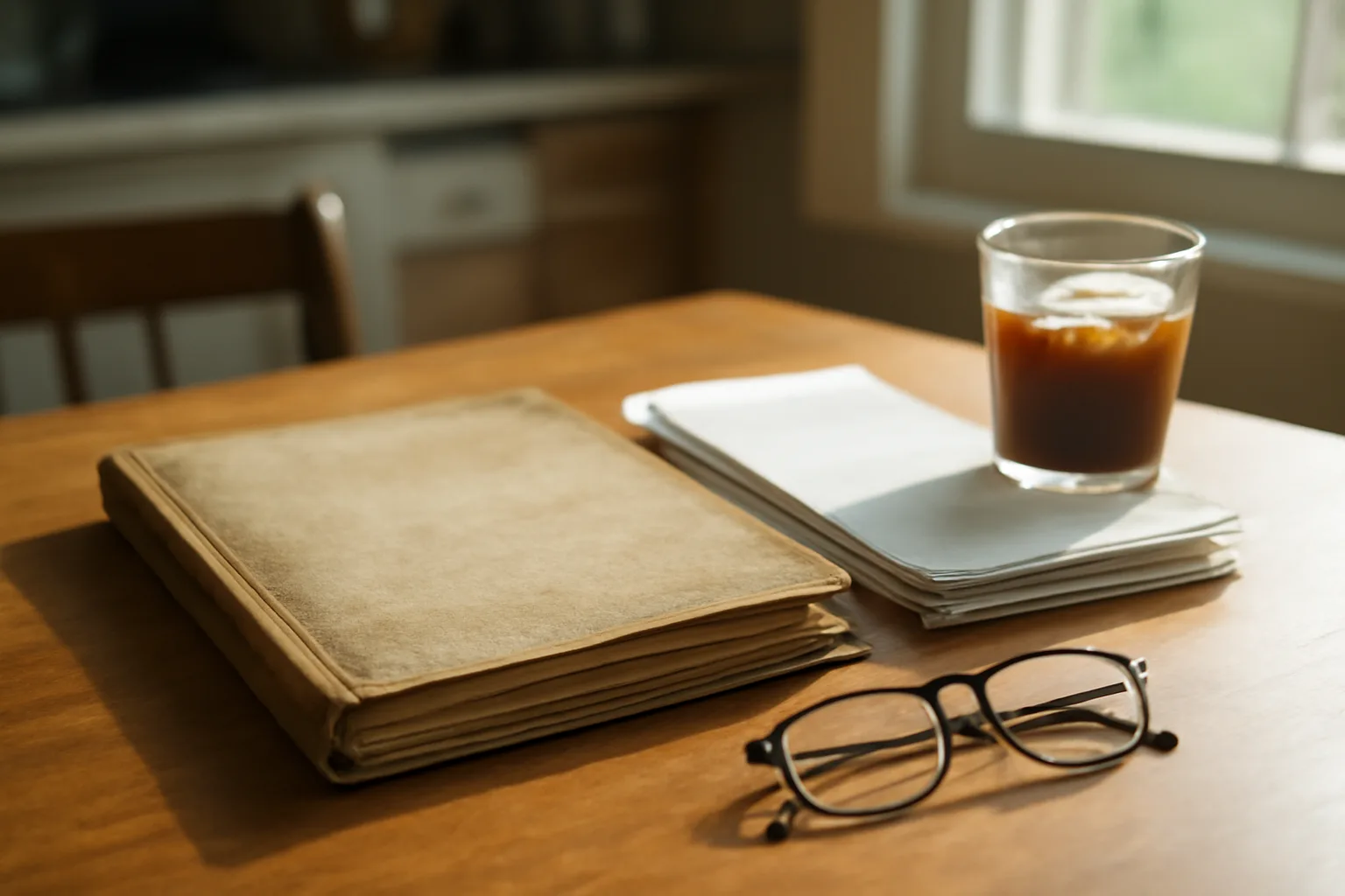Timeshare paperwork and fee statements on a kitchen table in morning light