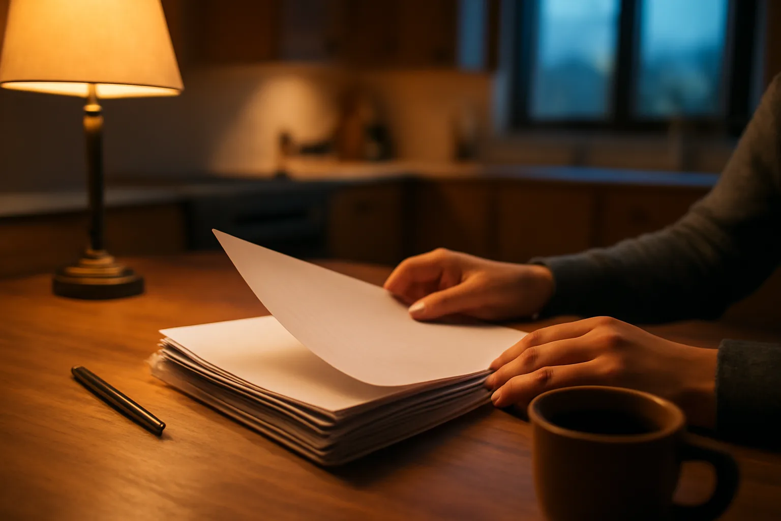Hands reviewing timeshare contract documents at a kitchen table in evening light