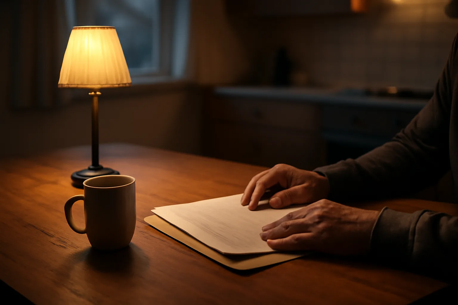 Person at a kitchen table considering paperwork while weighing how to legally exit a timeshare