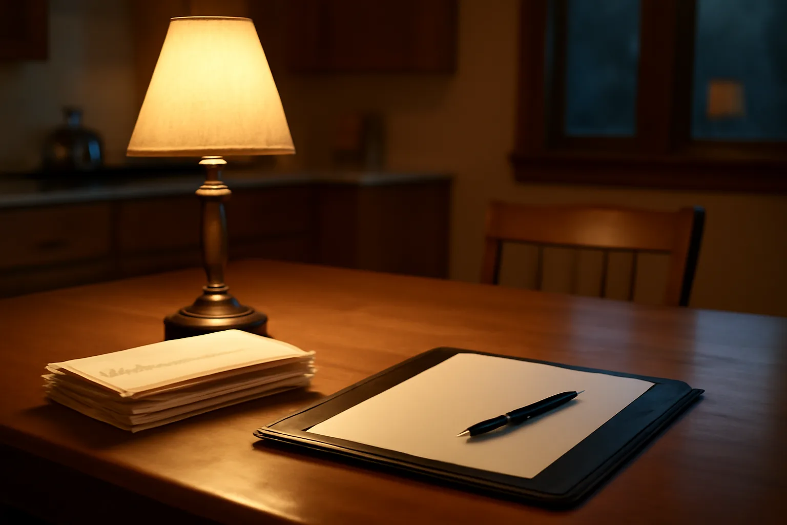Certified mail envelopes and an open contract on a kitchen table at dusk