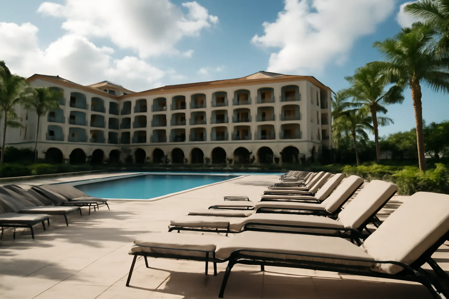 Resort hotel exterior with empty poolside lounge chairs illustrating timeshare vacation property