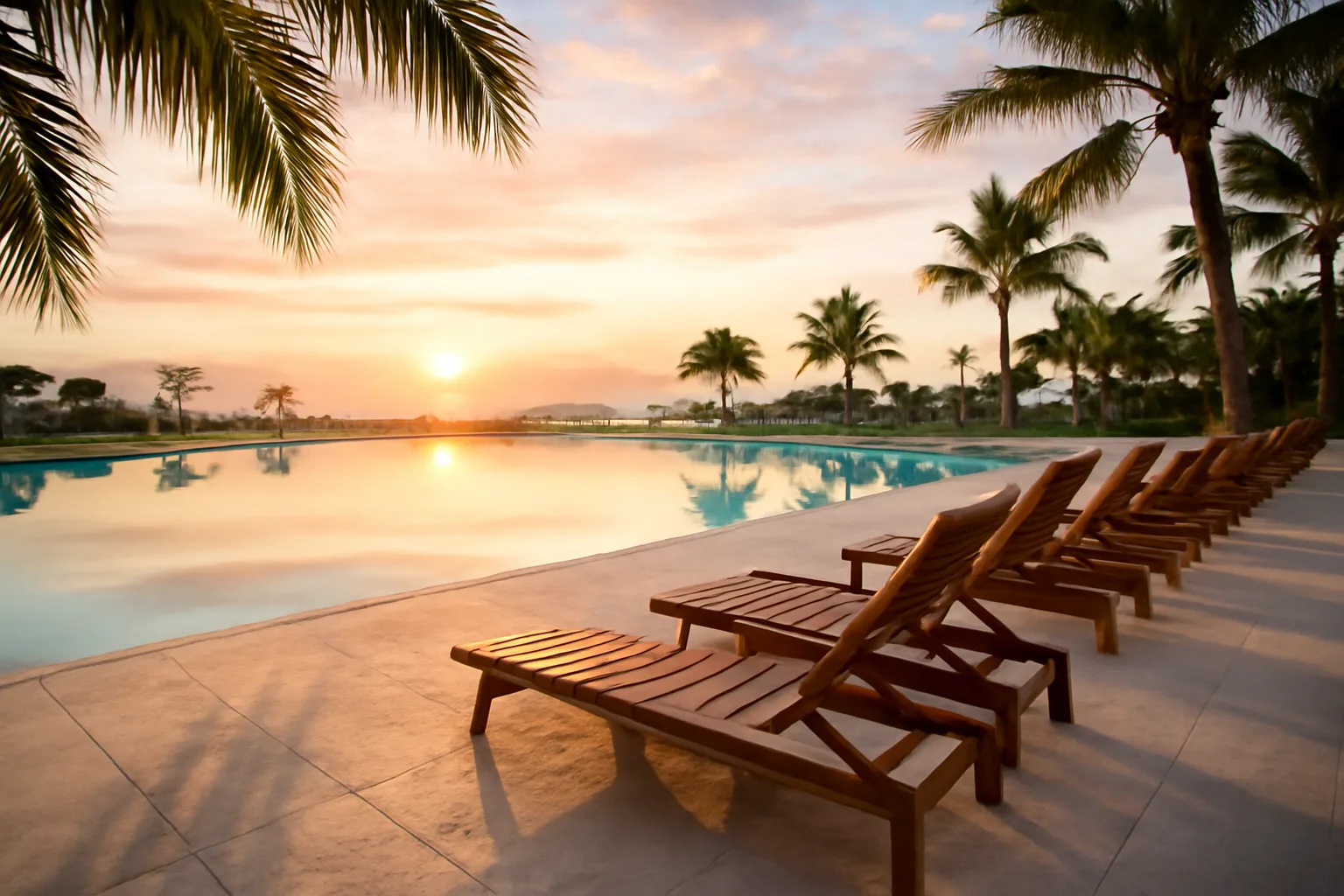 Quiet resort pool deck at sunrise illustrating timeshare ownership considerations