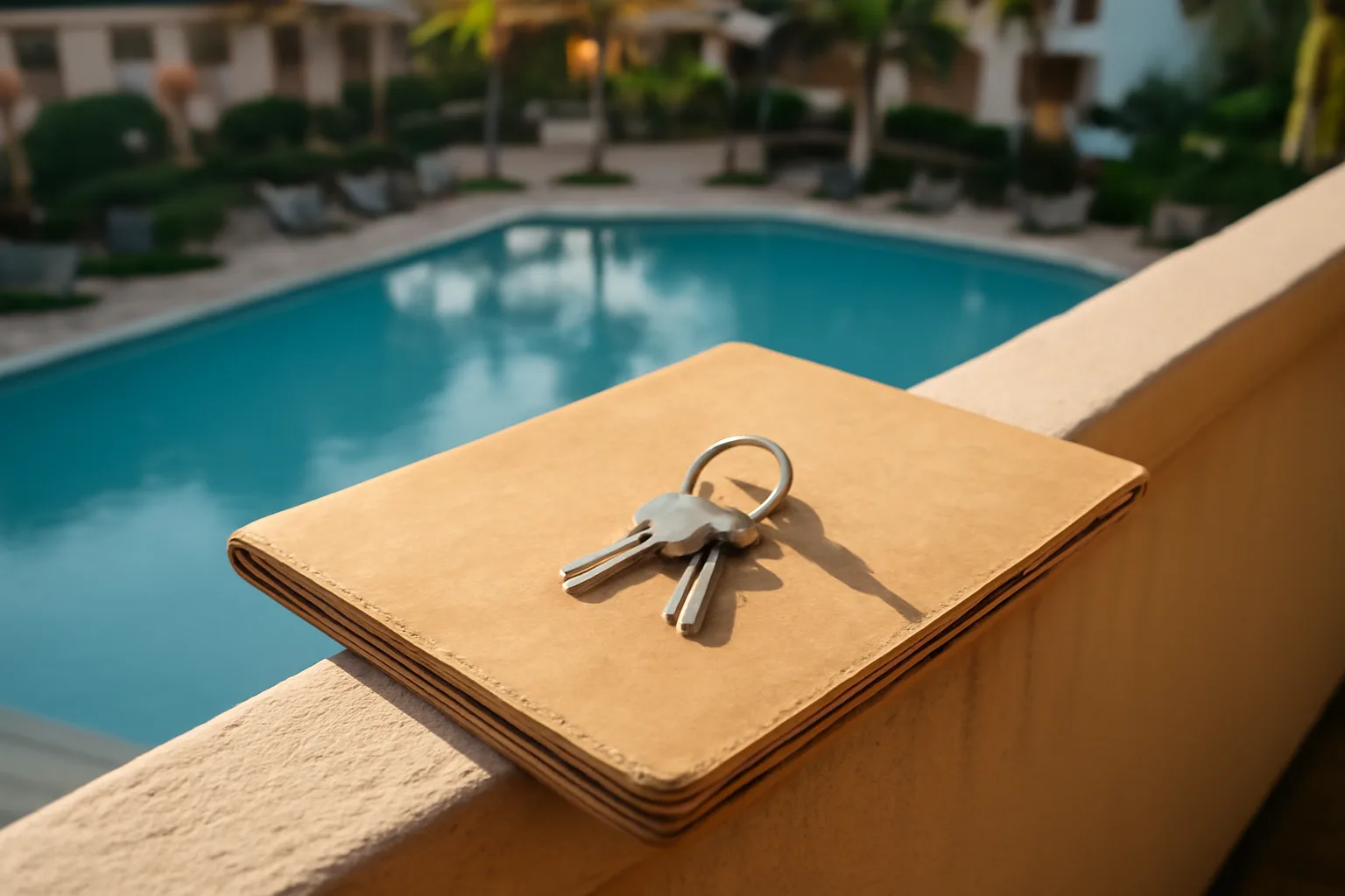 Condo keys and folder on a resort balcony railing at sunrise, representing a timeshare exit decision