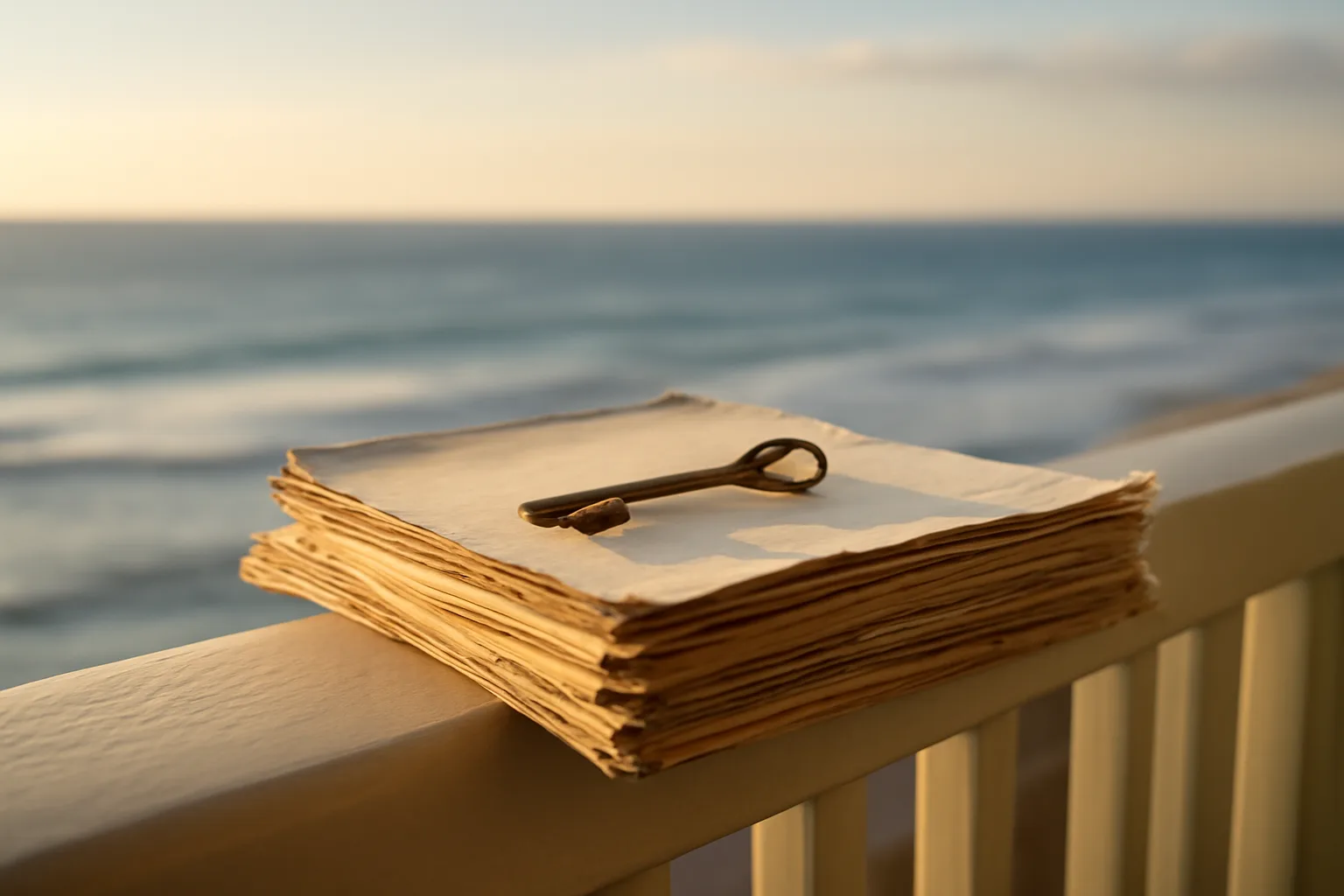 Property documents and a brass key on a balcony railing overlooking the ocean