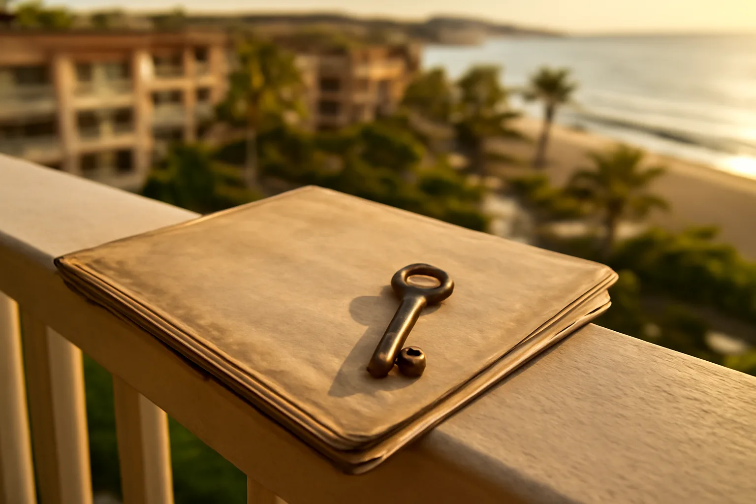 Deed folder and brass key on a resort balcony railing at sunset, symbolizing how long timeshares last