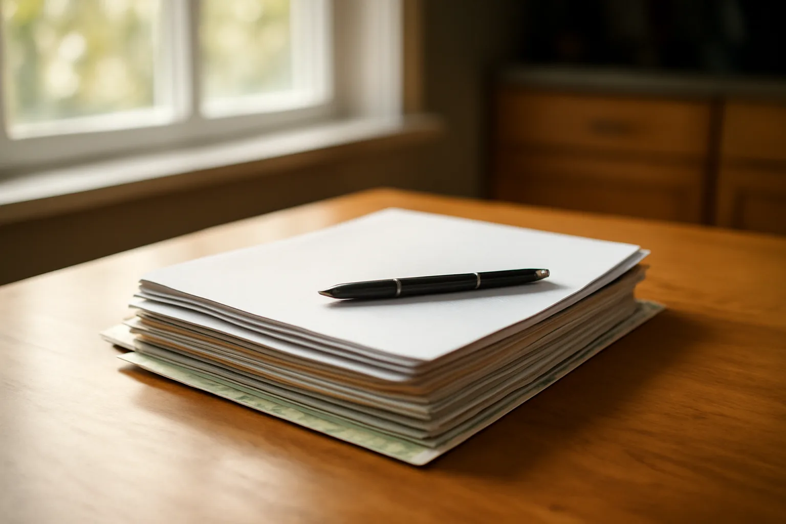 Timeshare paperwork and certified mail receipt on a kitchen table in morning light
