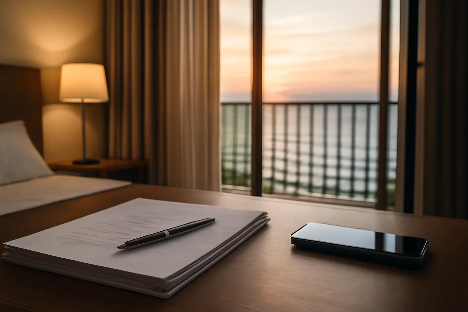 Timeshare contract papers and pen on a hotel desk with ocean view at sunrise
