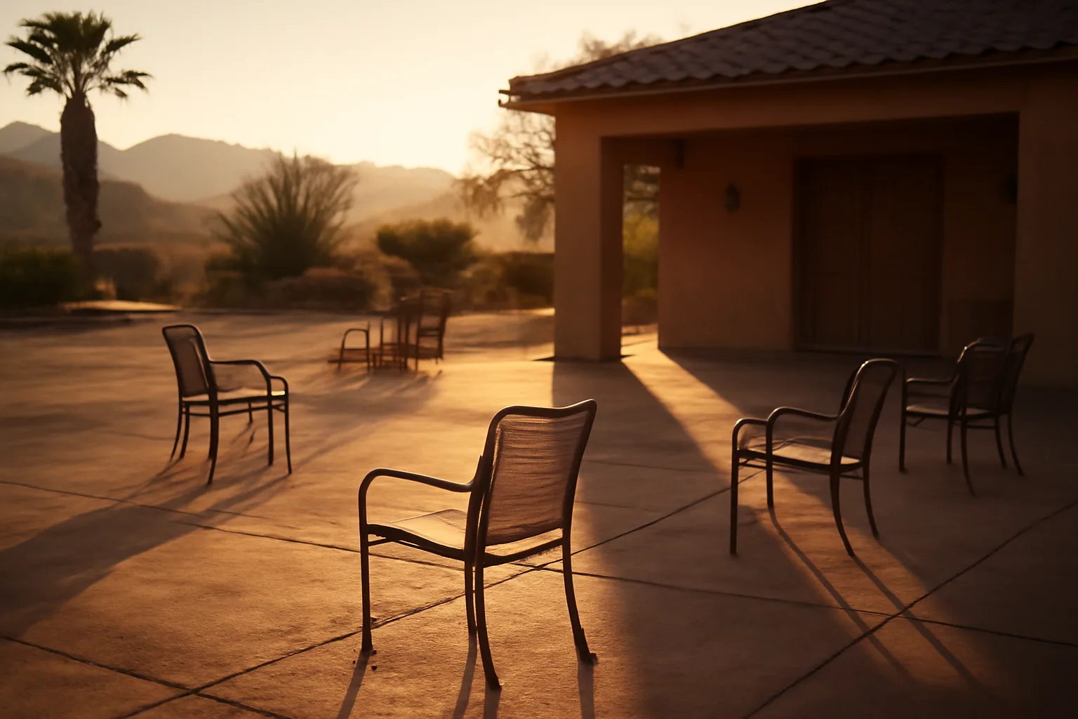 Empty timeshare resort courtyard in Nevada at sunrise with no visible signage