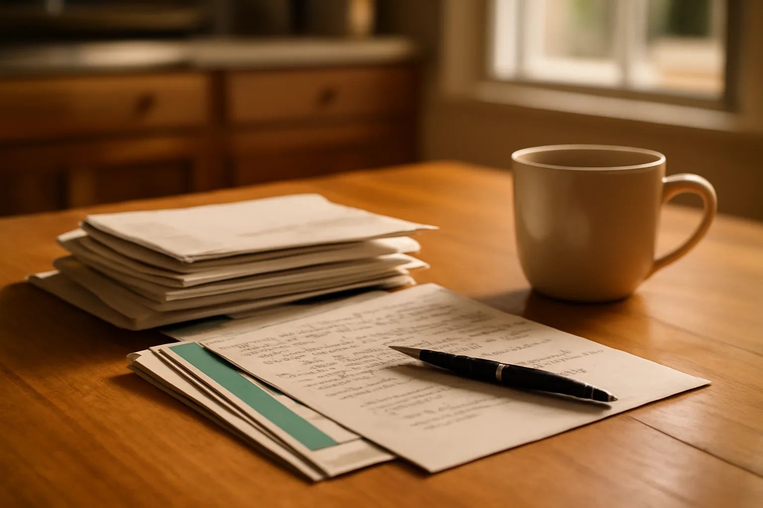 Certified mail receipt and handwritten letter on a kitchen table, morning light