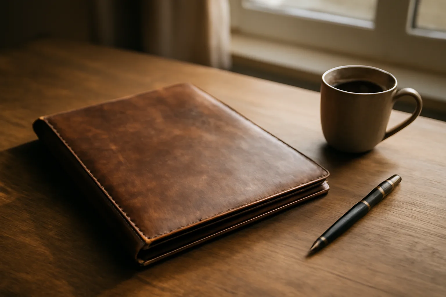 Closed document folder and pen on a desk, representing a timeshare contract decision