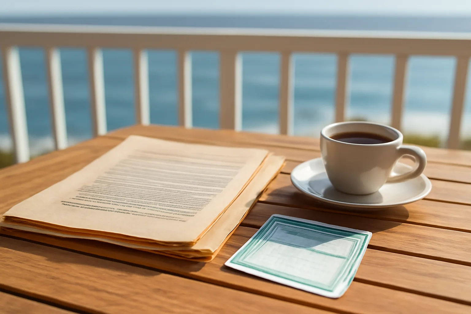 Contract papers and mail receipt on a resort balcony table, morning light