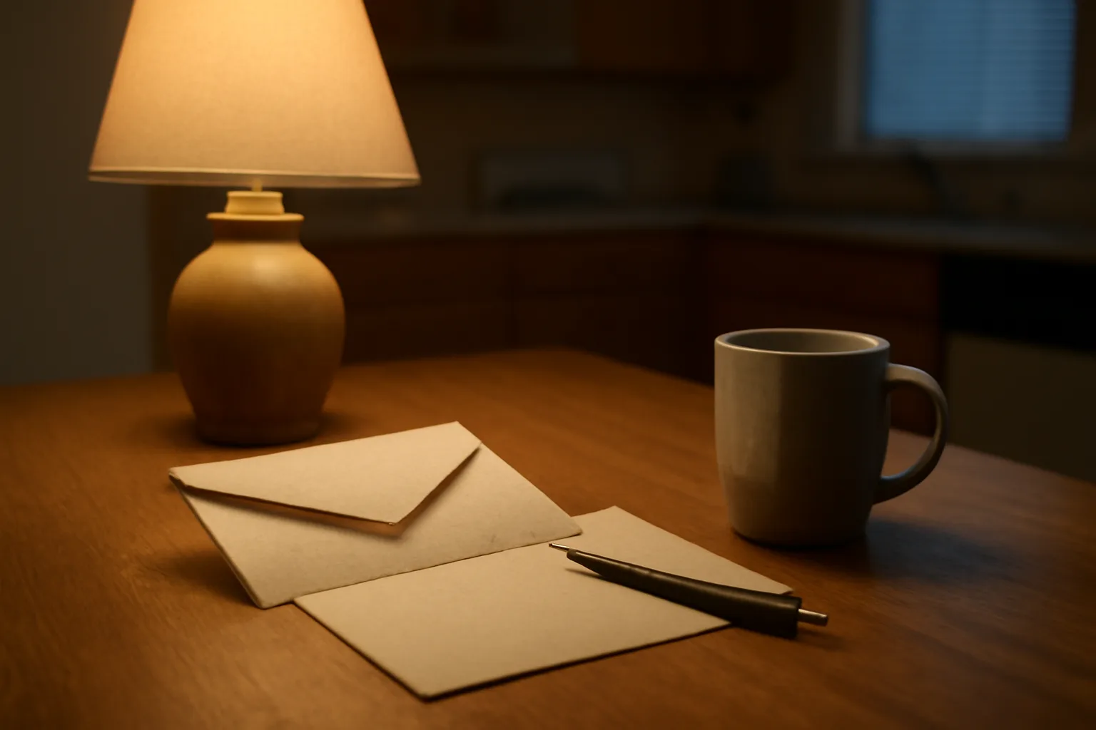 Kitchen table scene with certified mail envelope and pen representing timeshare cancellation notice