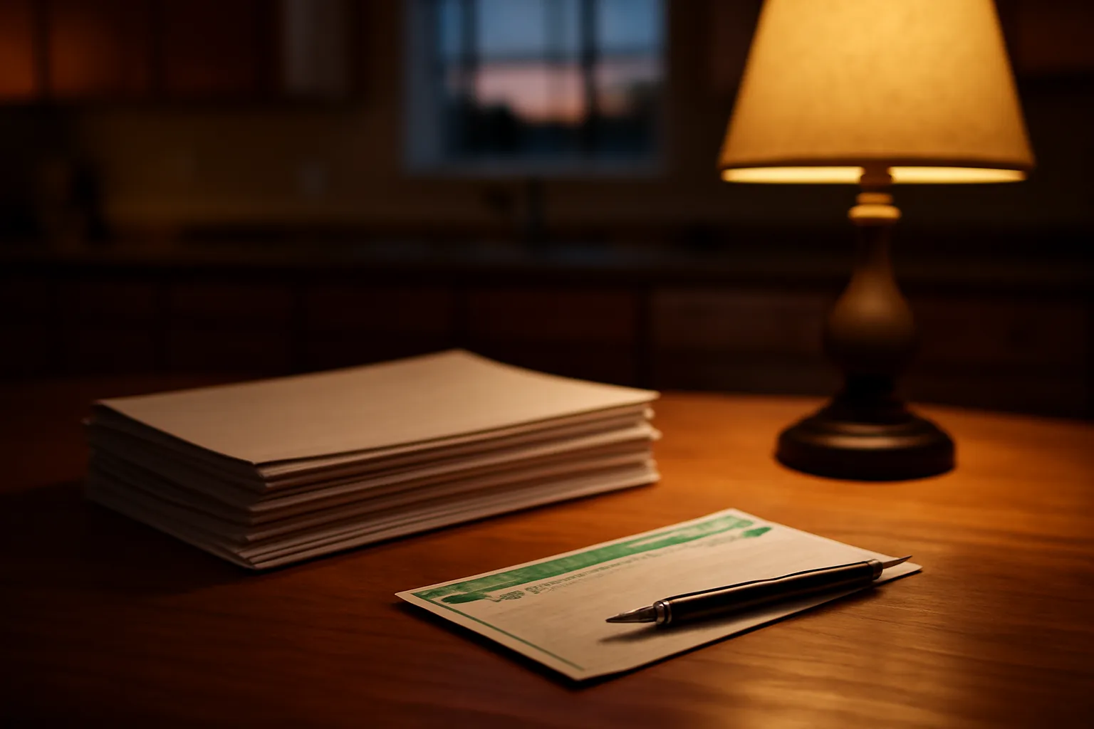 Timeshare contract paperwork and a pen on a kitchen table at dusk