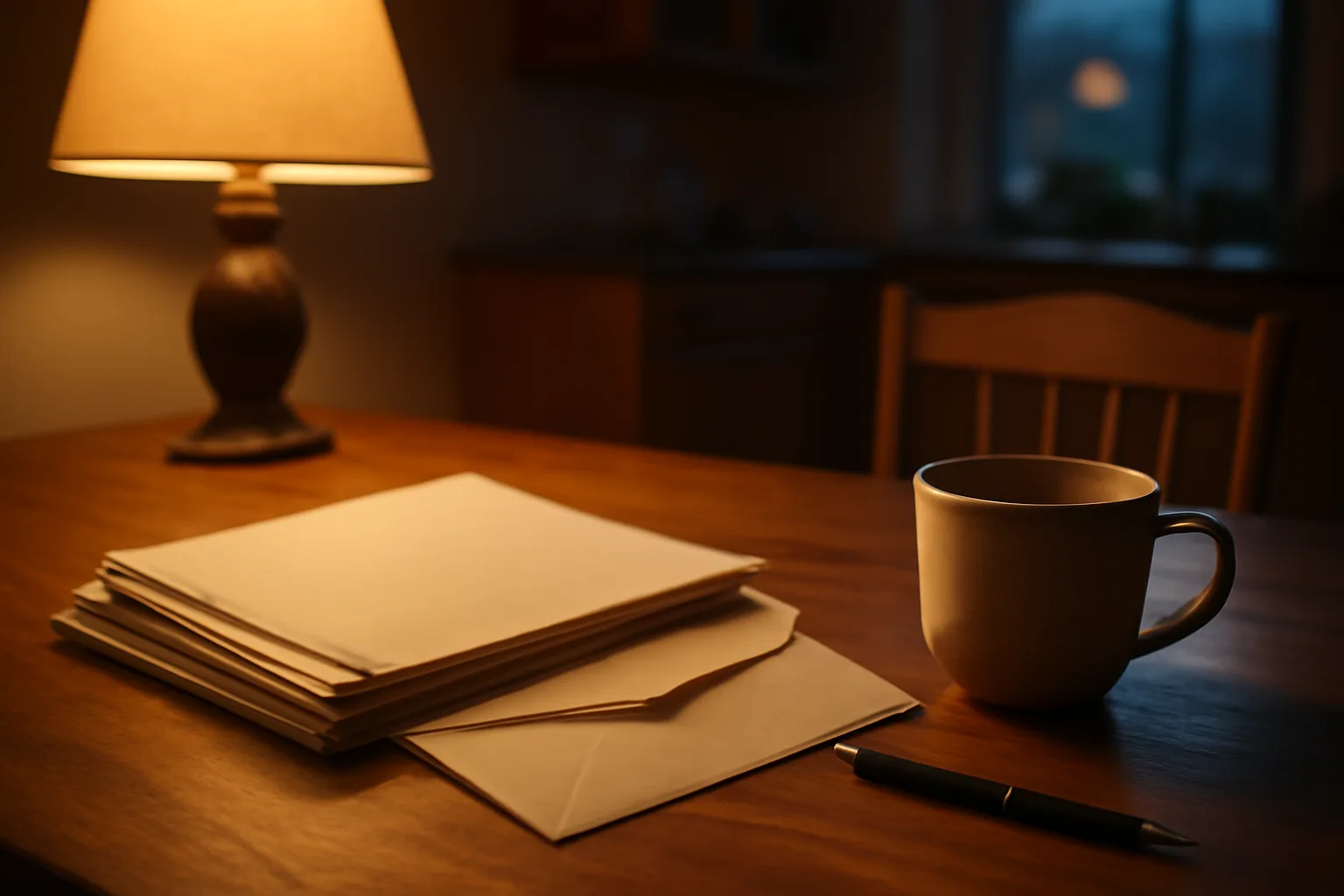 Timeshare cancellation paperwork and pen on a kitchen table at dusk