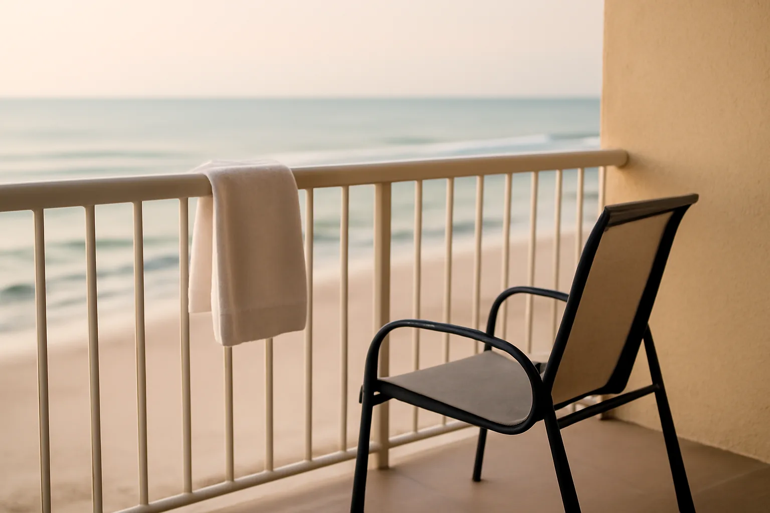 Empty resort balcony overlooking the ocean at sunrise, symbolizing a Hyatt timeshare decision