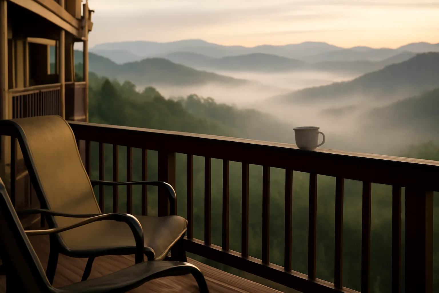 Empty resort balcony at dawn overlooking misty mountains, evoking a Massanutten timeshare unit
