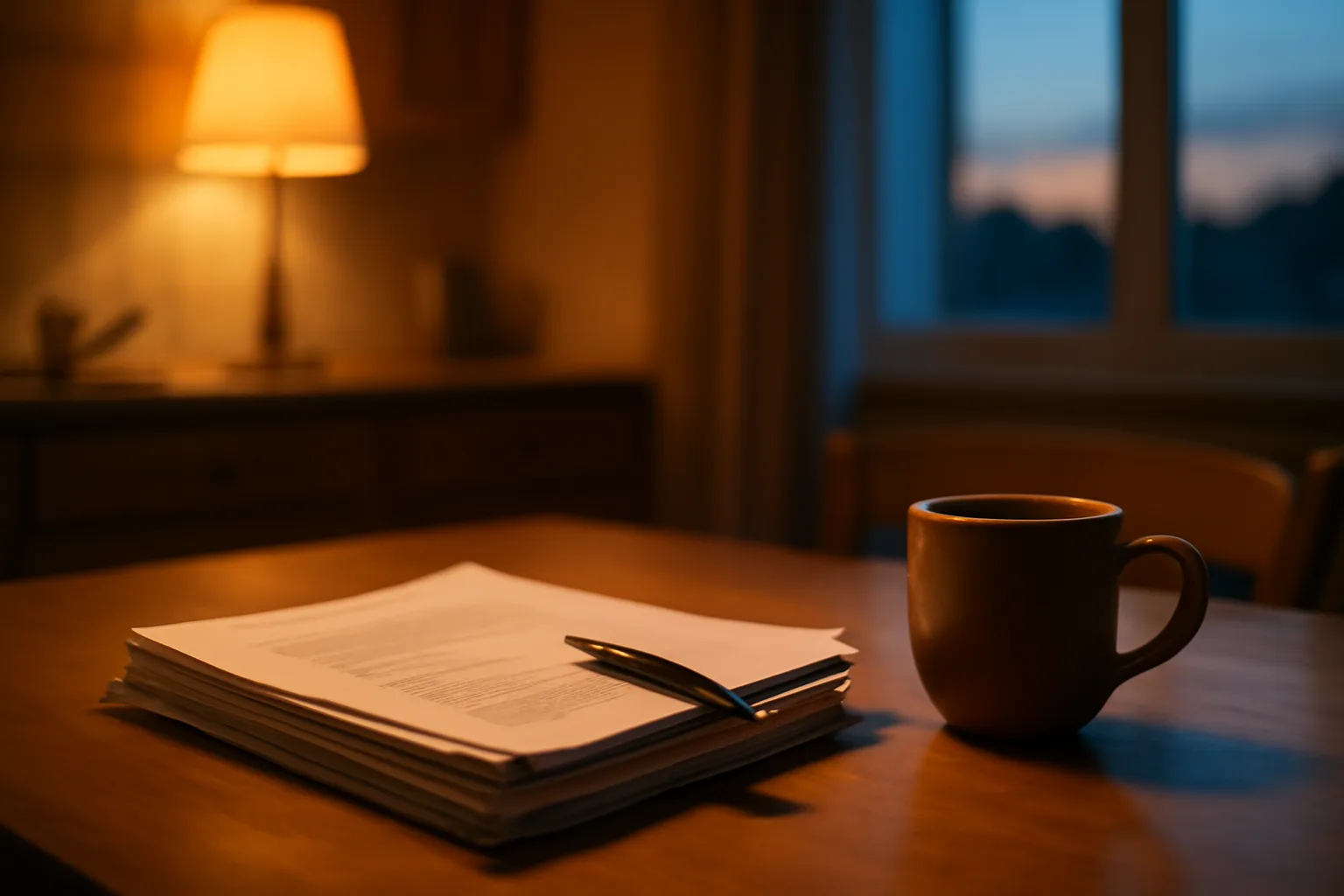 Documents and a pen on a kitchen table, representing reviewing a timeshare contract at home