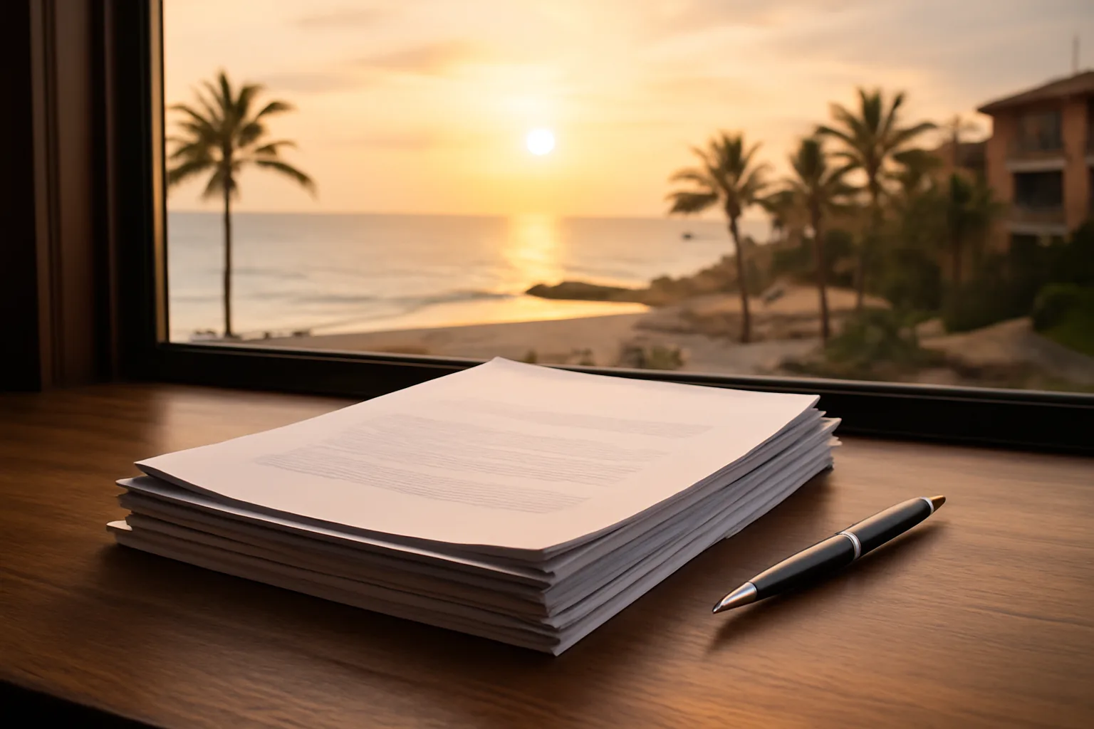 Contract papers and a pen on a desk near a beach resort window