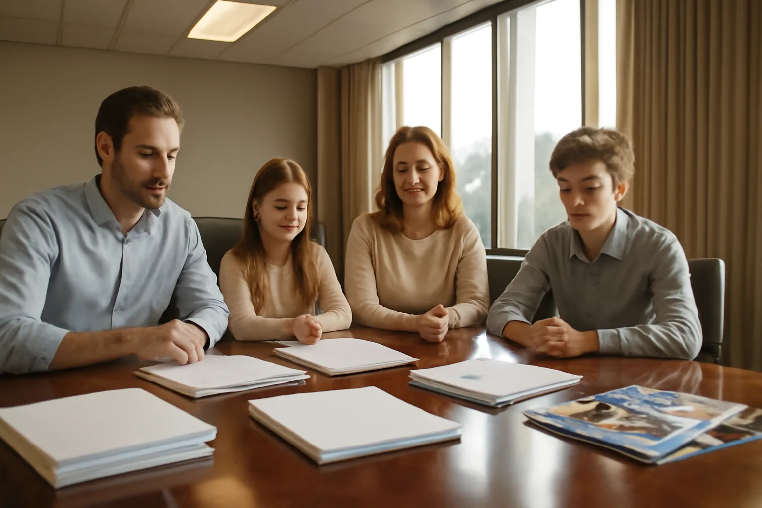 Family reviewing timeshare purchase documents at hotel conference table in Orlando