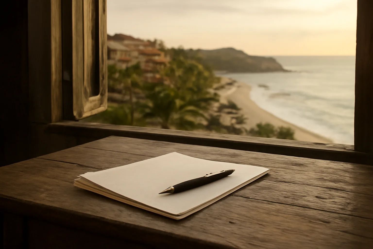 Desk with paperwork and pen near a window overlooking a Mexico resort, evoking timeshare contract cancellation
