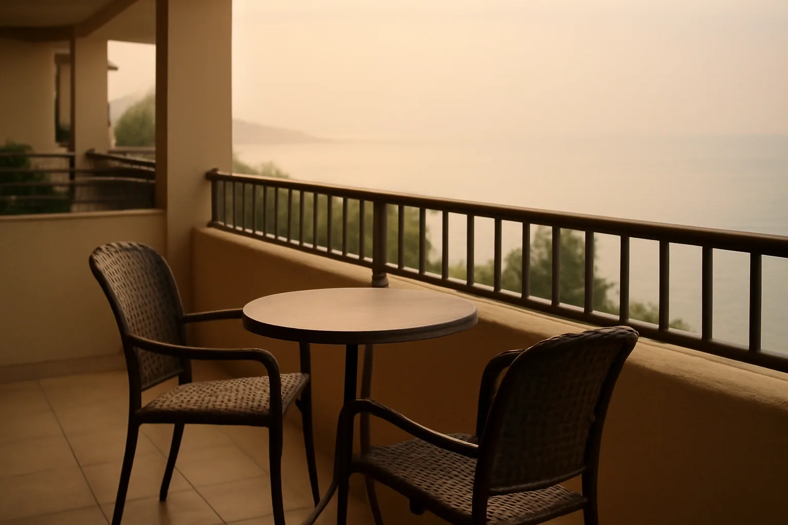 Empty resort balcony overlooking the ocean at dawn, evoking a timeshare contract decision