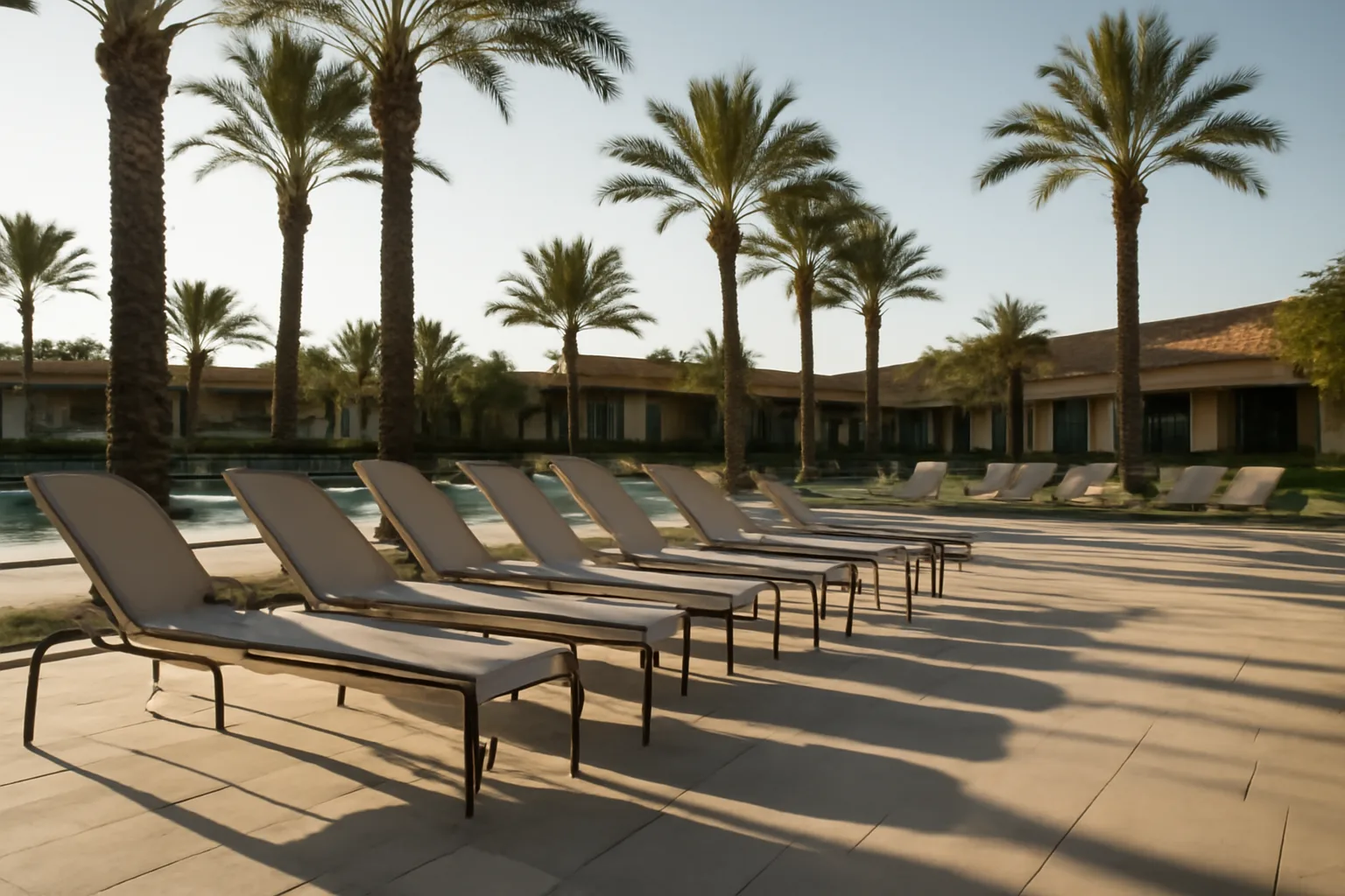 Empty resort pool deck with lounge chairs and palm trees, representing Welk's timeshare properties