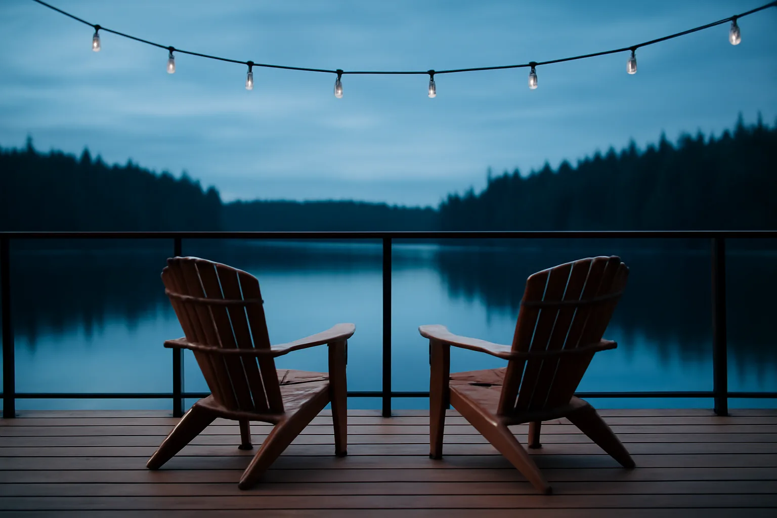 Empty resort balcony chairs overlooking calm lake at dusk, representing WorldMark timeshare vacation property