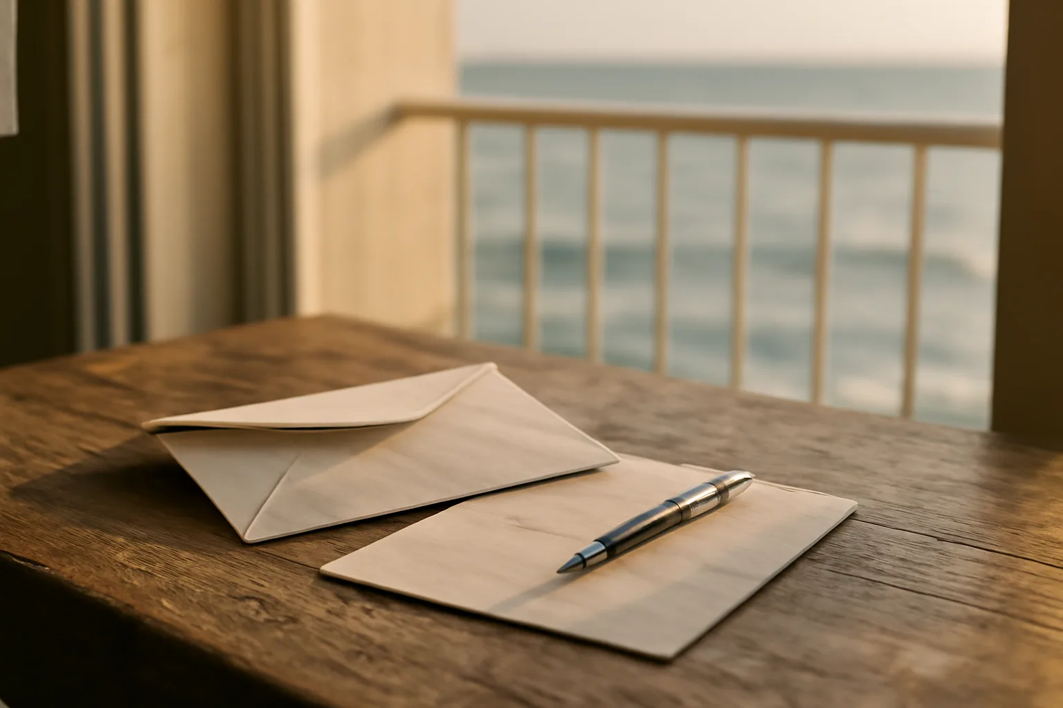 Certified mail envelope and pen on a desk near a condo balcony window